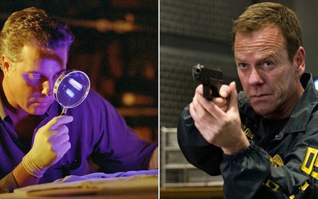 William Petersen em CSI (à esq.) e Kiefer Sutherland em 24 Horas; séries policiais aclamadas - Divulgação/CBS/Fox