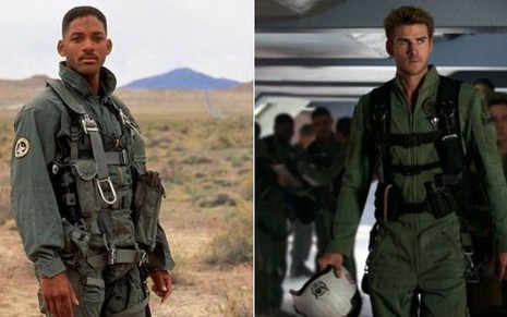 Will Smith (à esq.) e Liam Hemsworth vivem papéis similares nos filmes de Independence Day - Imagens: Divulgação