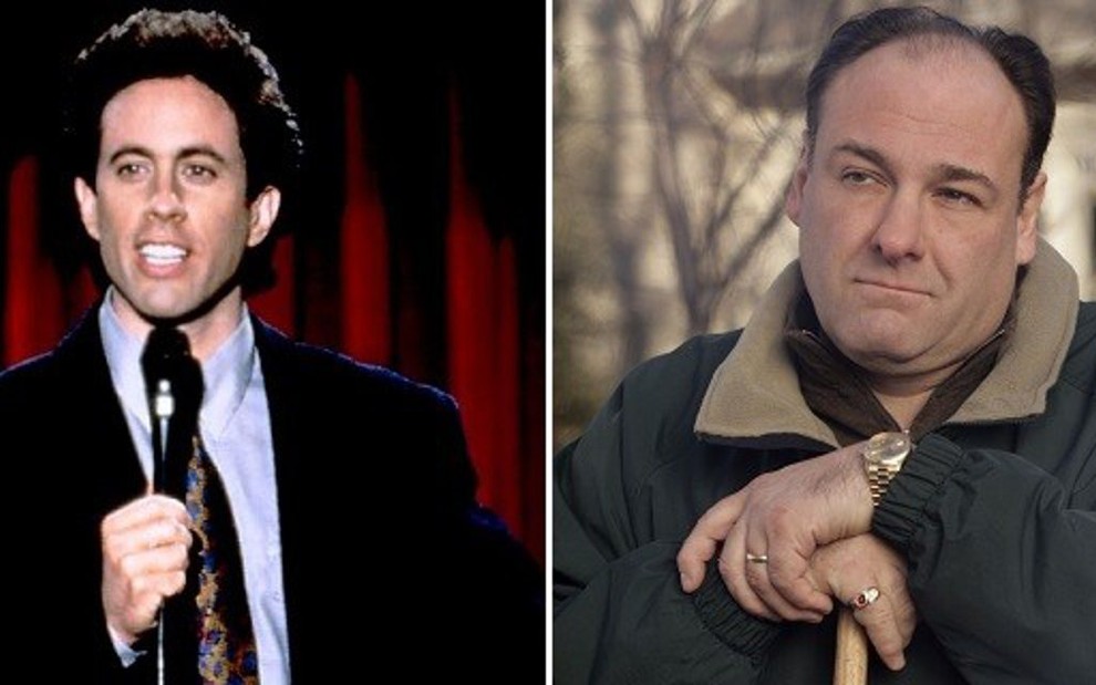 O comediante Jerry Seinfeld em Seinfeld (à esq.) e o ator James Gandolfini em The Sopranos - Montagem/Divulgação/NBC/HBO
