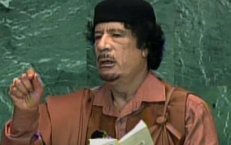 O ditador Muammar Gaddafi durante discurso na Assembléia Geral da ONU, em 2009 - Reprodução/ONU