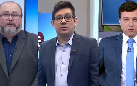 Alexandre Mota, Erlan Bastos e Guilherme Portanova nos cenários de seus programas na Record