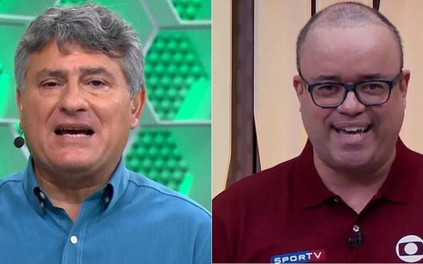 Cleber Machado nos estúdios Globo, de camisa azul, e Everaldo Marques na SporTV, de camisa vinho