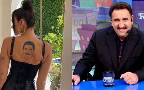 Dua Lipa com vestido preto, cavado nas costas, com uma tatuagem de Guillermo Rodriguez; apresentador Ratinho de terno preto