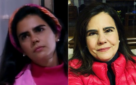 Montagem de fotos com a atriz Mayara Magri na série Delegacia de Mulheres (à esquerda, em 1990) e atualmente (à direita)