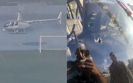 Montagem de fotos com helicóptero da Record pousando e imagem de aeronave baleada