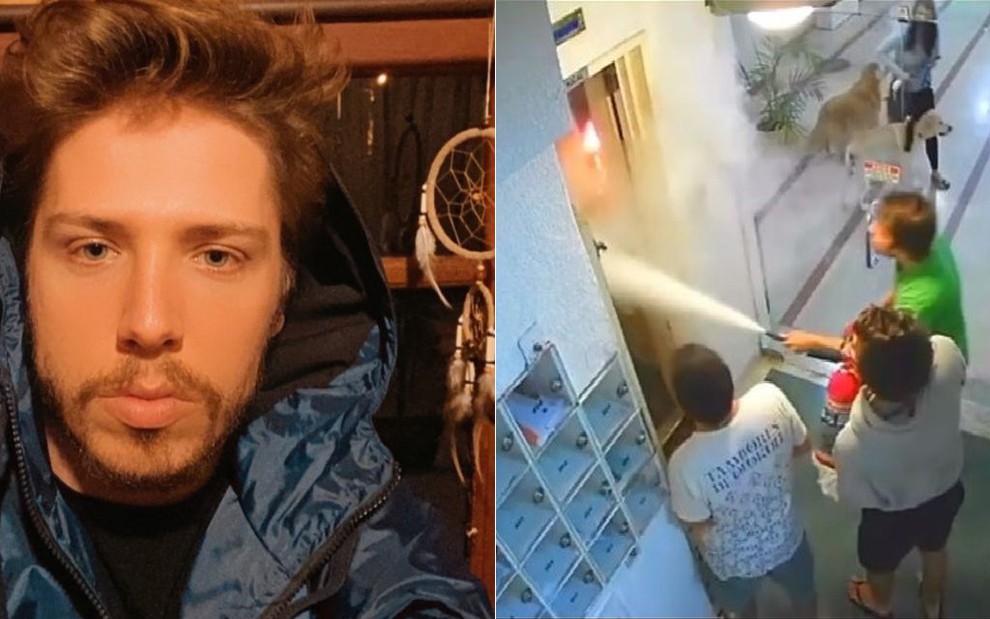 De um lado, Jefferson Schroeder de jaqueta azul; na outra, Jefferson Schroeder tentando apagar incêndio em elevador