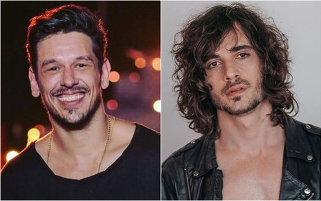 Na primeira foto: João Vicente usa camiseta preta e sorri para foto; na segunda foto: Fiuk usa jaqueta preta e posa para a foto em frente a uma parede branca