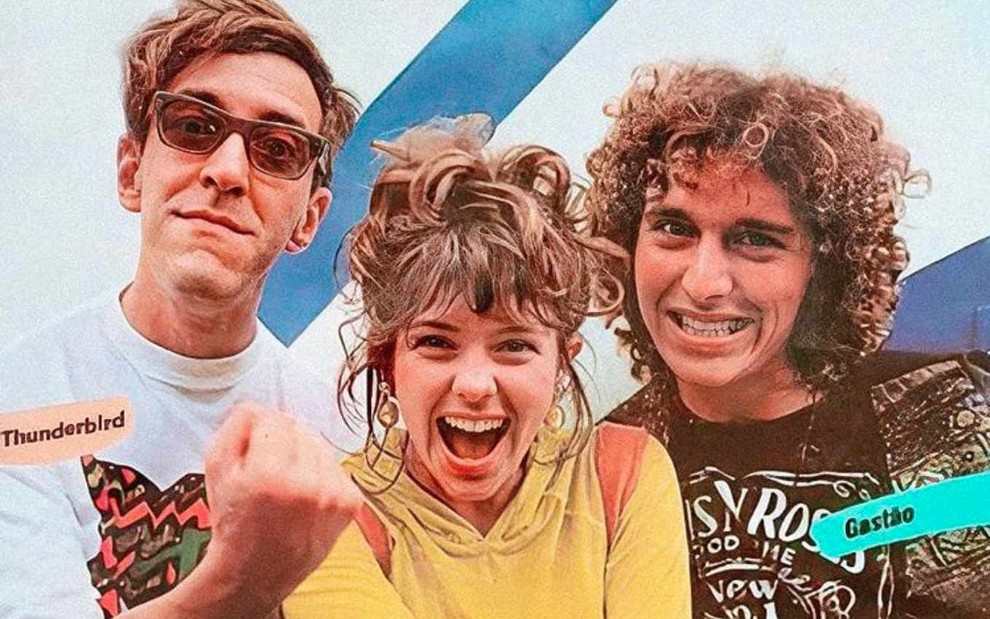 Os ex-VJs Luiz Thunderbird, Cuca Lazzarotto e Gastão Moreira em foto de 1990, Cuca e Gastão sorriem