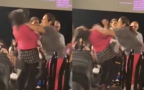 A auditora Melissa Oliveira (de casaco rosa) é agredida por outra mulher em sessão de Barbie