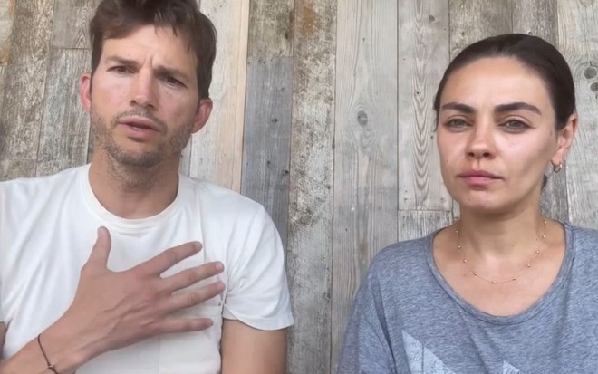 Ashton Kutcher e Mila Kunis têm expressões de pesar em vídeo do Instagram