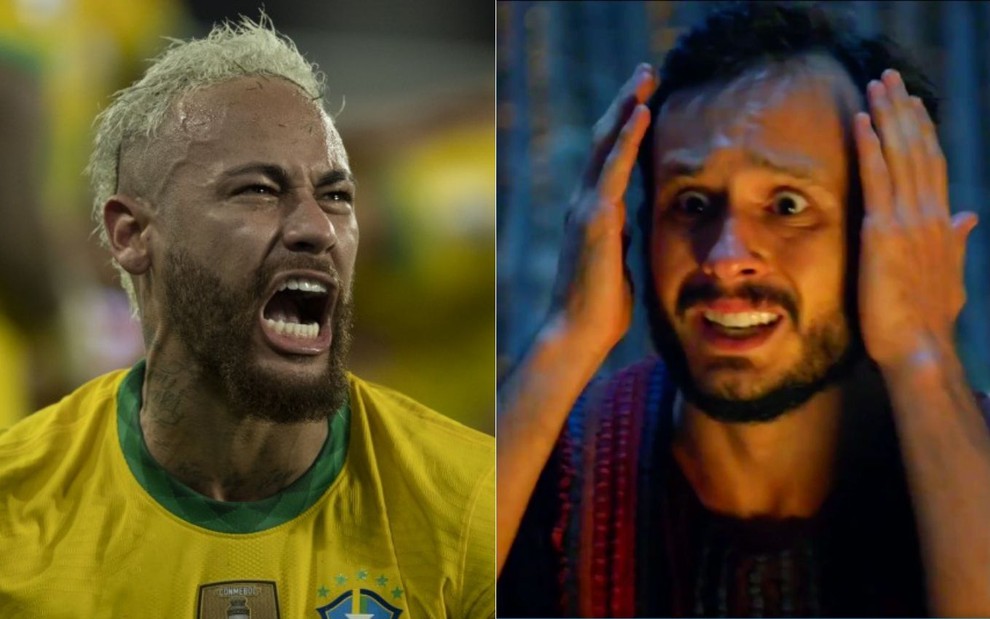 Montagem de fotos com Neymar gritando em jogo da Copa América, e cena de Isaque aflito em Gênesis
