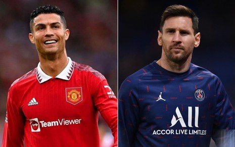 Montagem com os jogadores Cristiano Ronaldo (Man United), à esquerda, e Messi (PSG), à direita