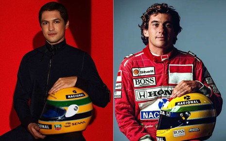 Montagem com fotos de Gabriel Leone e Ayrton Senna segurando o célebre capacete amarelo