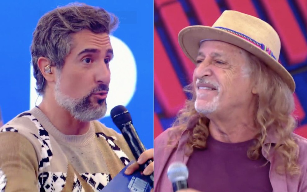 Montagem de fotos com o apresentador Marcos Mion (à esq.) e o cantor Alceu Valença (à dir.) no Caldeirão deste sábado (30), na Globo