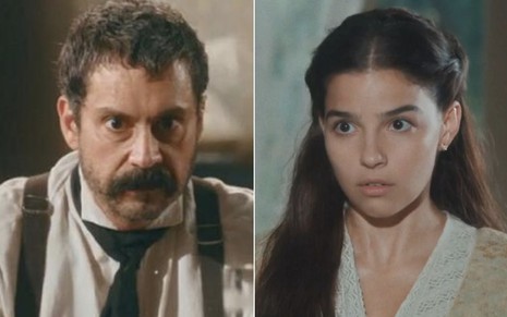 Montagem com Alexandre Nero como Tonico à esquerda e Gabriela Medvedovski à direita em cenas de Nos Tempos do Imperador