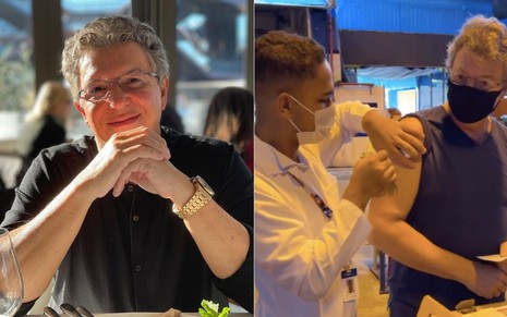 Montagem de fotos com o diretor J.B. Oliveira, o Boninho, sorrindo (à esquerda) e em vídeo tomando vacina contra a Covid-19 (à direita)