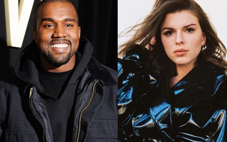 À esq., Kanye West usa uma camiseta e um casaco preto; à dir., Julia usa um vestido de couro preto