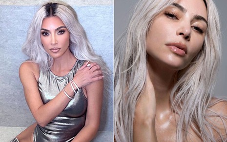 Montagem de duas fotos em que Kim Kardashian aparece de maquiagem carregada e sem maquiagem
