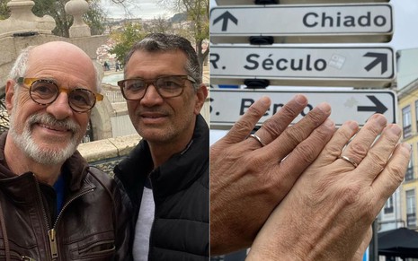 Montagem com Marcos Caruso e Marcos Paiva em selfie e outra foto das alianças nas mãos esquerdas