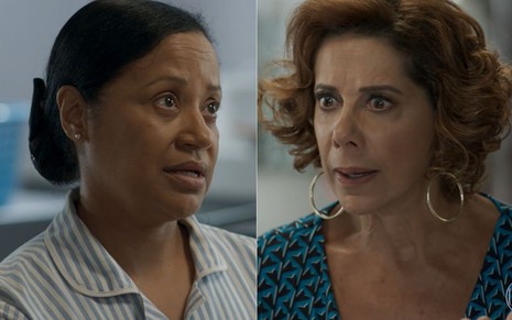 Montagem com as personagens Madalena (Virgínia Rosa) e Lígia (Angela Vieira) em cena da novela Pega Pega