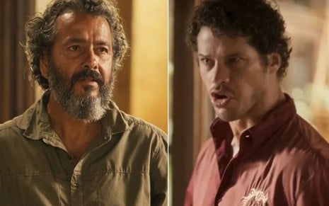 Os atores Marcos Palmeira e José Loreto como José Leôncio e Tadeu em Pantanal; na montagem, eles estão olhando para o mesmo lado, o primeiro com cara de reflexivo e o segundo irado durante uma discussão