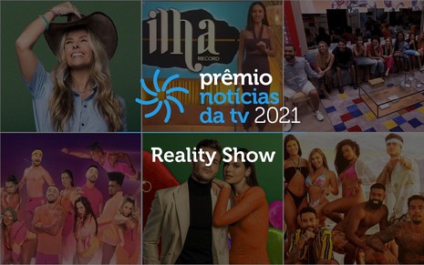 Arte com o logo do Prêmio Notícias da TV 2021 e imagens de realities ao fundo