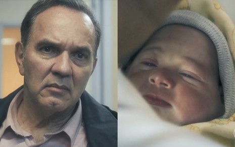 O ator Humberto Martins e o bebê que deu vida a Chiara recém-nascida em Travessia; na montagem, o ator está olhando para o lado com cara de observador e o bebê está prestes a chorar