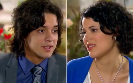 Guilherme Boury e Manuela do Monte gravam cena de conversa, com expressão tensa, como Junior e Carol de Chiquititas