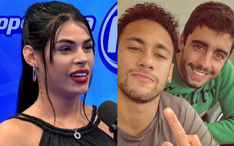 Sophia Barclay em podcast (à esquerda) e Neymar e Pedro Scooby sorrindo (à direita)