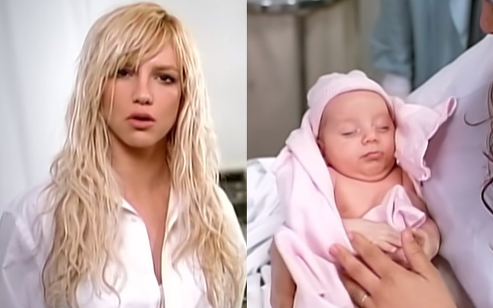 Na montagem em cena do clipe de Everytime (à esquerda) e bebê com roupa rosa, em um colo (à direita)