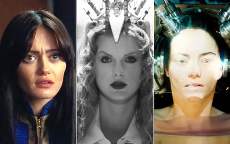 Montagem com Ella Purnell como Lucy em Fallout à esquerda; Taylor Swift no clipe de Fortnight ao centro; e Emma Stone como Bella em Pobres Criaturas