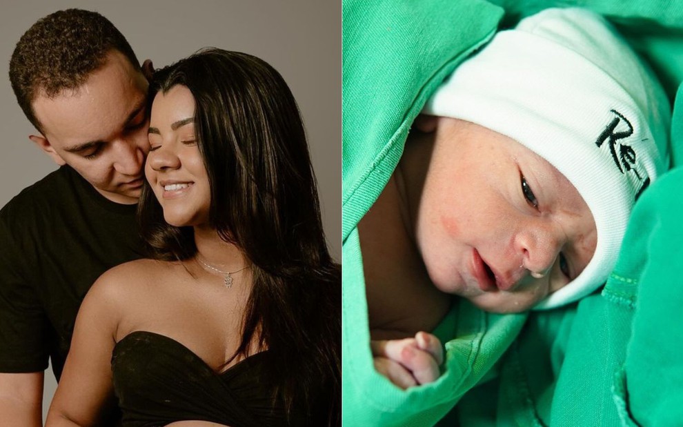 Montagem com João Gomes abraçado a Ary Mirelle na primeira foto, e o bebê Jorge sozinho na segunda imagem