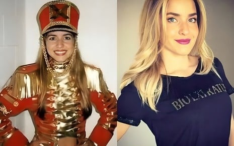 Montagem de fotos de Monique Alfradique quando era paquita e agora; em uma ela usa a farda de paquita vermelha e em outra ela usa blusa preta