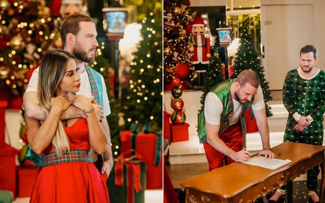 Thiago Nigro e Maíra Cardi com roupas natalinas assinam documentos em frente a uma árvore de Natal
