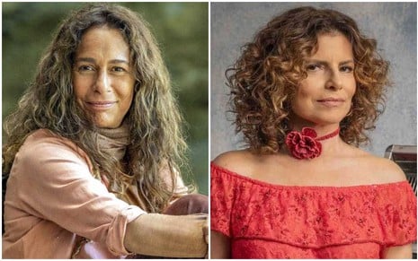 Montagens com fotos das atrizes Andrea Beltrão e Débora Bloch caracterizadas como Zefa e Deodora em No Rancho Fundo