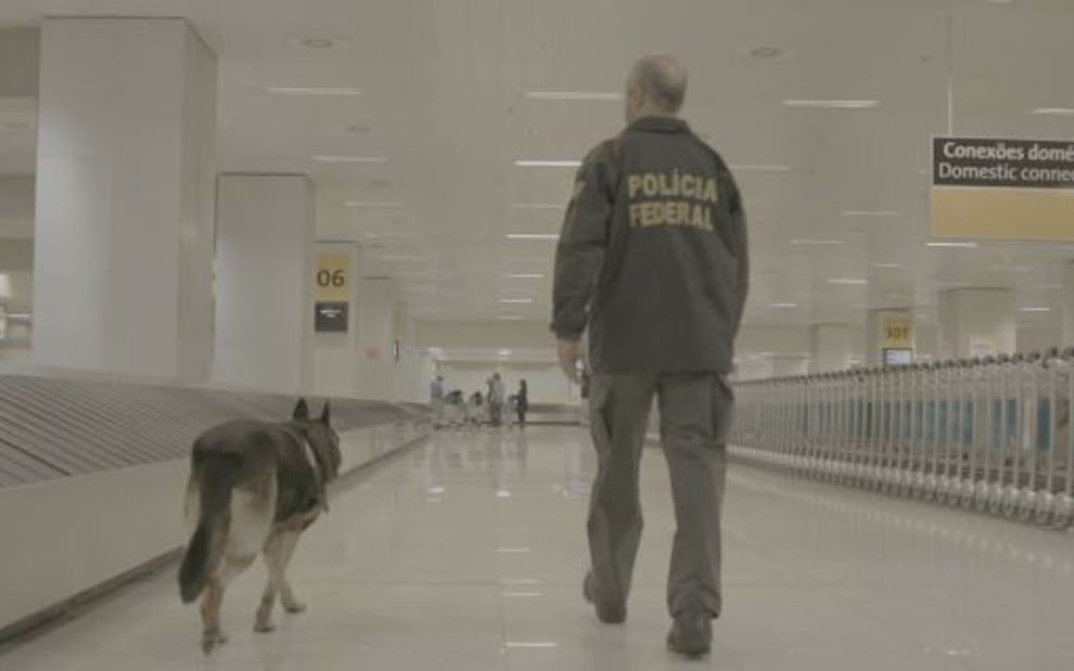 Agente da Polícia Federal caminha pelo setor de retirada de bagagem com cão farejador - Divulgação/Discovery