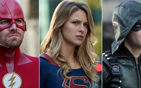 Stephen Amell, Melissa Benoist e Grant Gustin em episódio que juntou os heróis Arrow, Supergirl e Flash - Divulgação/The CW