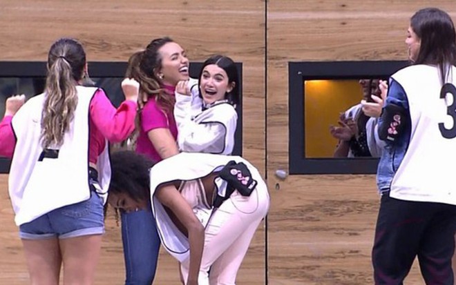 Imagem de participantes do BBB20 comemorando vitória de Manu Gavassi na prova do líder