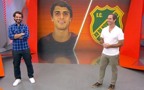 Reprodução de imagem de Felipe Andreoli e Caio Ribeiro no Globo Esporte, ao comentar sobre o participante do BBB20 Felipe Prior