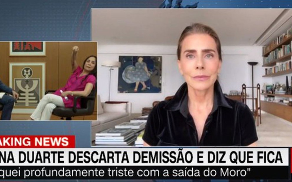 Reprodução de imagem de Regina Duarte revoltada enquanto vídeo de Maitê Proença é exibido na CNN Brasil