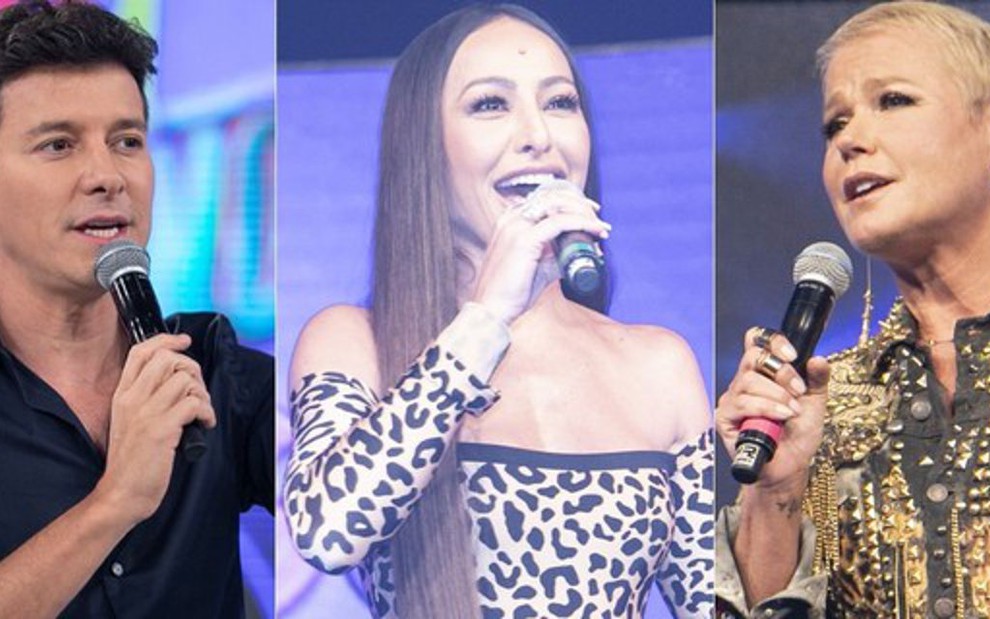 Rodrigo Faro, Sabrina Sato e Xuxa nos palcos de seus respectivos programas na Record