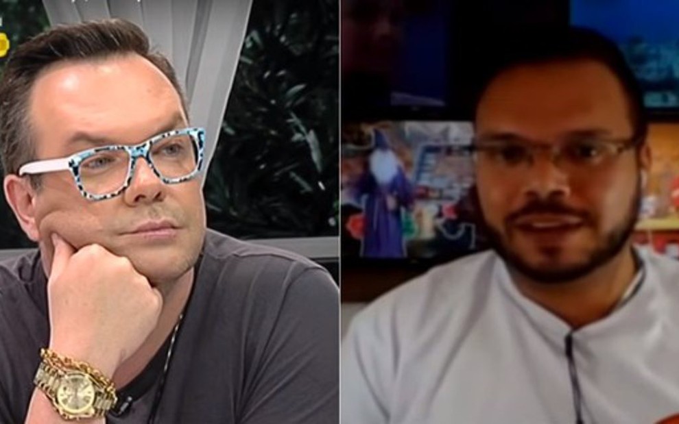 Felipeh Campos olha com desprezo para Guilherme Beraldo no programa A Tarde É Sua