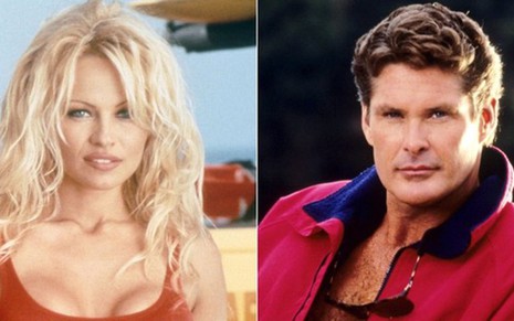 Os atores Pamela Anderson e David Hasselhoff na série Baywatch, chamada no Brasil de S.O.S. Malibu