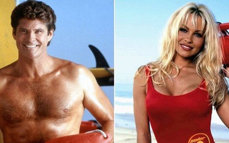 Os atores David Hasselhoff e Pamela Anderson na série Baywatch; ambos estão em filme - Fotos: Divulgação/Reprodução