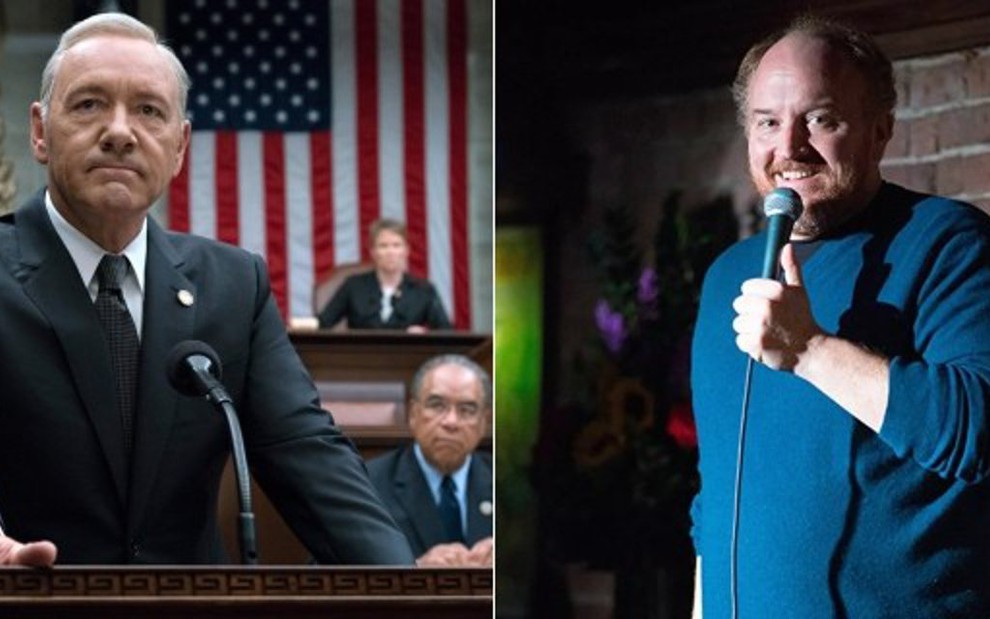 Kevin Spacey (à esq.) em House of Cards e Louis C.K. em Louie: demitidos e excluídos da TV - Fotos: Divulgação