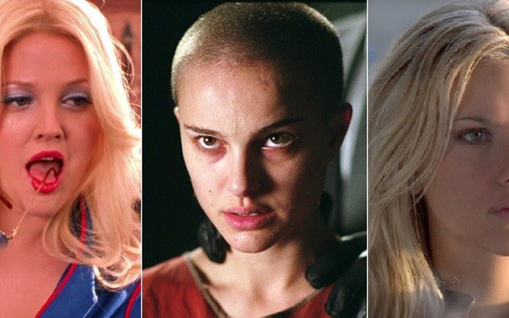 As atrizes Drew Barrymore, Natalie Portman e Scarlett Johansson nos filmes do canal Space - Divulgação/Montagem