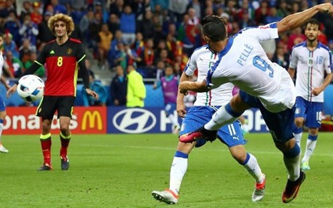 O italiano Pellè chuta para fazer gol comemorado efusivamente por José Luiz Datena - Divulgação/Uefa