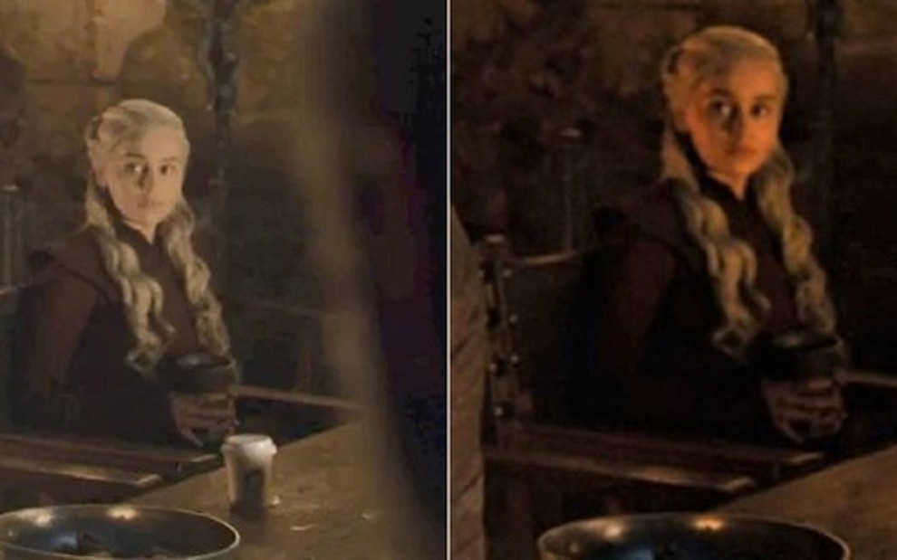 Imagem de episódio de Game of Thrones com copo de café e sem o objeto polêmico; HBO fez um truque - Montagem/Reprodução/HBO