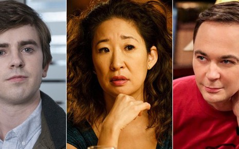Freddie Highmore em The Good Doctor, Sandra Oh em Killing Eve e Jim Parsons em Big Bang Theory - Divulgação/ABC/BBC/CBS