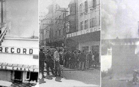 Imagens dos incêndios na Record, na Globo e na Bandeirantes em julho de 1969: 'terroristas' - Reprodução